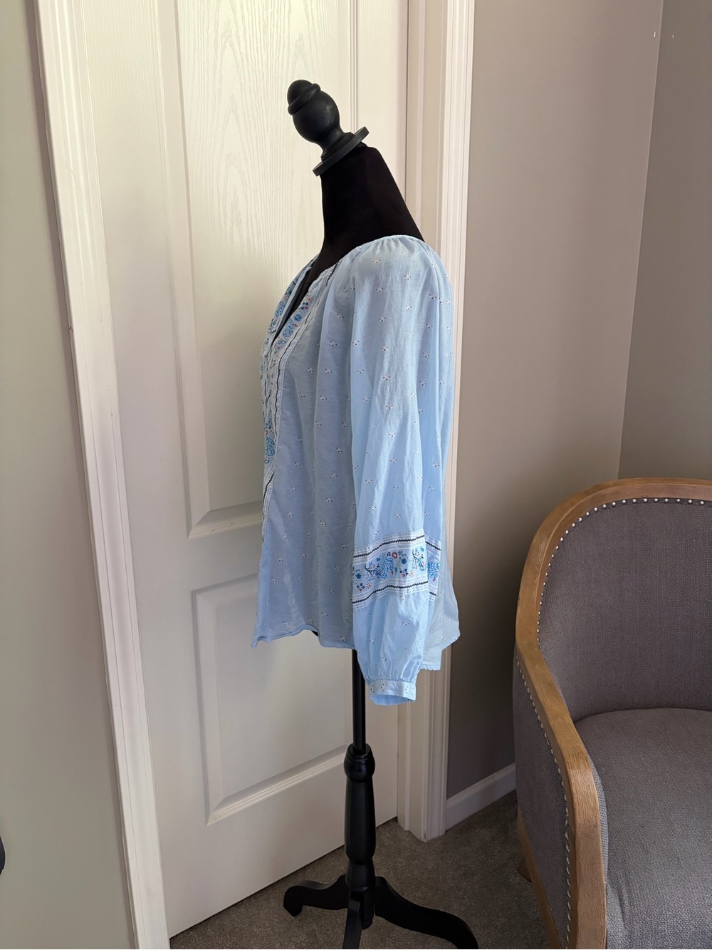 Ann Taylor Sky Blue Embroidered Button-Front Peasant Top - Picture 2 of 6